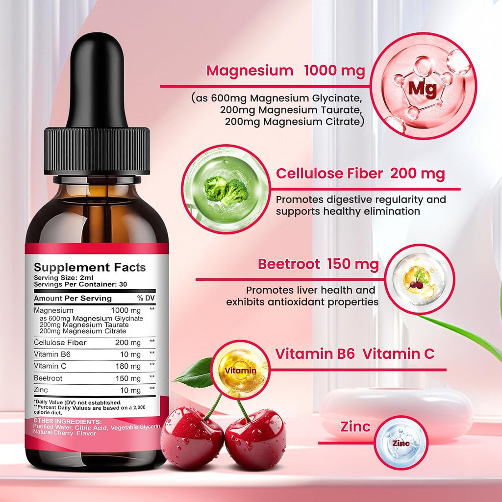 (2 Pack) Magnesium Glycinate Liquid Drop for Sleep, Nerve, Energy, Muscle Sugar-Free Pineapple & Cherry Flavor