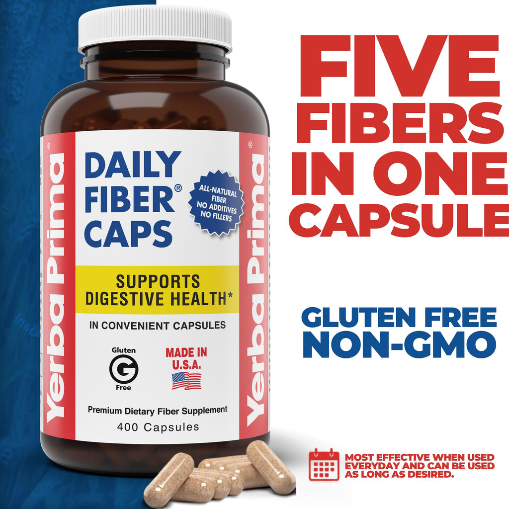 Yerba Prima Daily Fiber Caps Formula, 400 Capsules - Both Soluble and Insoluble - with Psyllium Seed Husks, Acacia Gum, Apple Fiber and More - Dietary Supplement