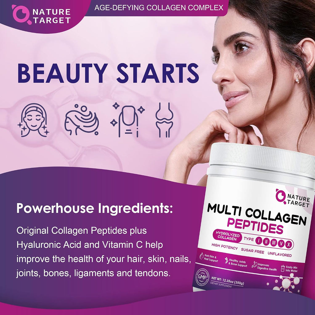 NATURE TARGET Multi Collagen Peptides Powder, 35 Servings | Type I, II, III, V, X, Hydrolyzed Collagen Peptides with Vitamin C Hyaluronic Acid, Supports Skin Hair Nail & Joint