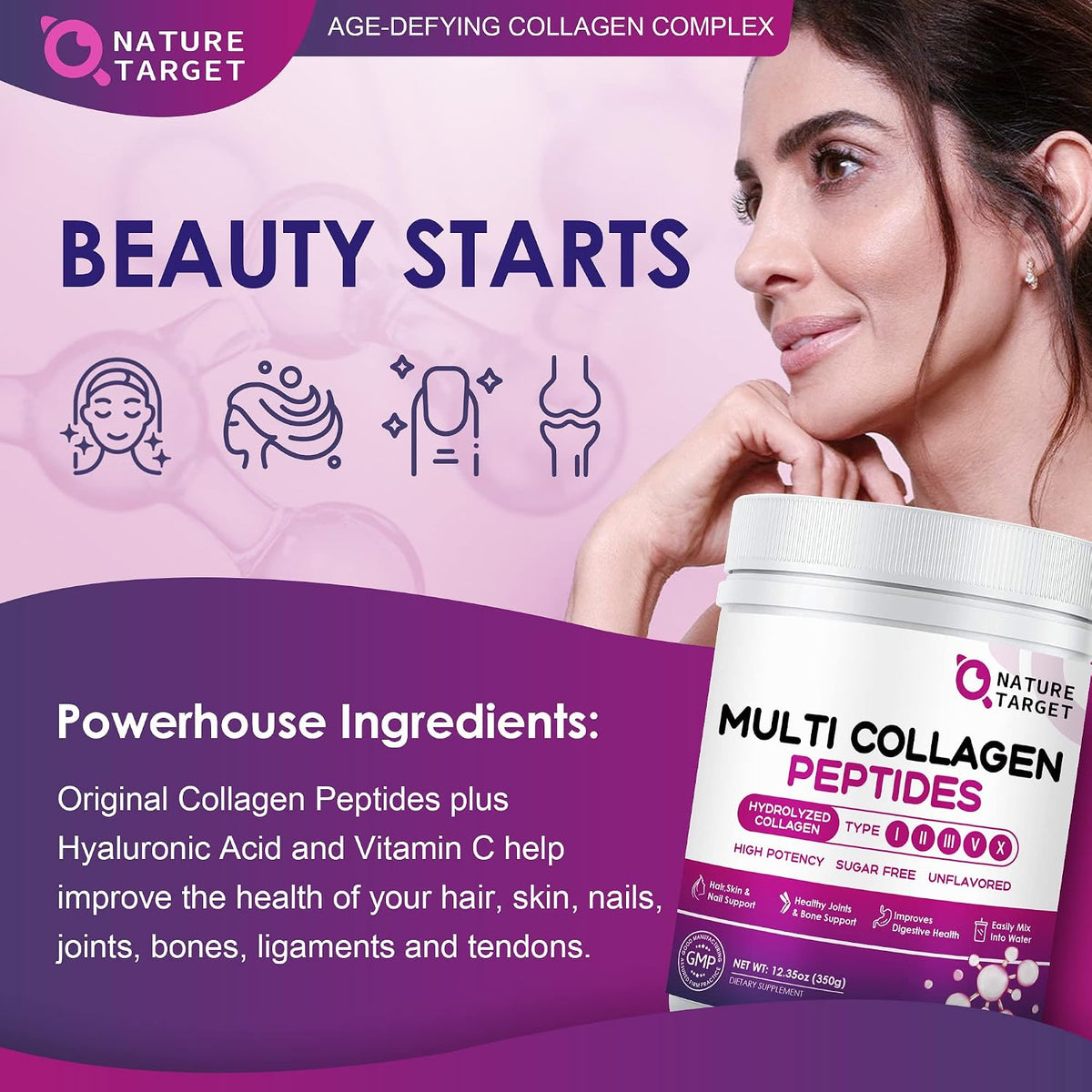 NATURE TARGET Multi Collagen Peptides Powder, 35 Servings | Type I, II, III, V, X, Hydrolyzed Collagen Peptides with Vitamin C Hyaluronic Acid, Supports Skin Hair Nail & Joint