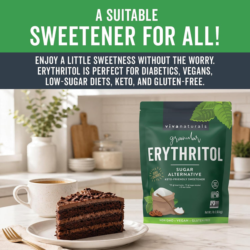 Viva Naturals Erythritol Sweetener, 3 lb – Zero Calorie Sugar Alternative, No Bitter Aftertaste, Low Glycemic Index, Ideal for Baking & Sweetening - Keto Friendly, Non-GMO