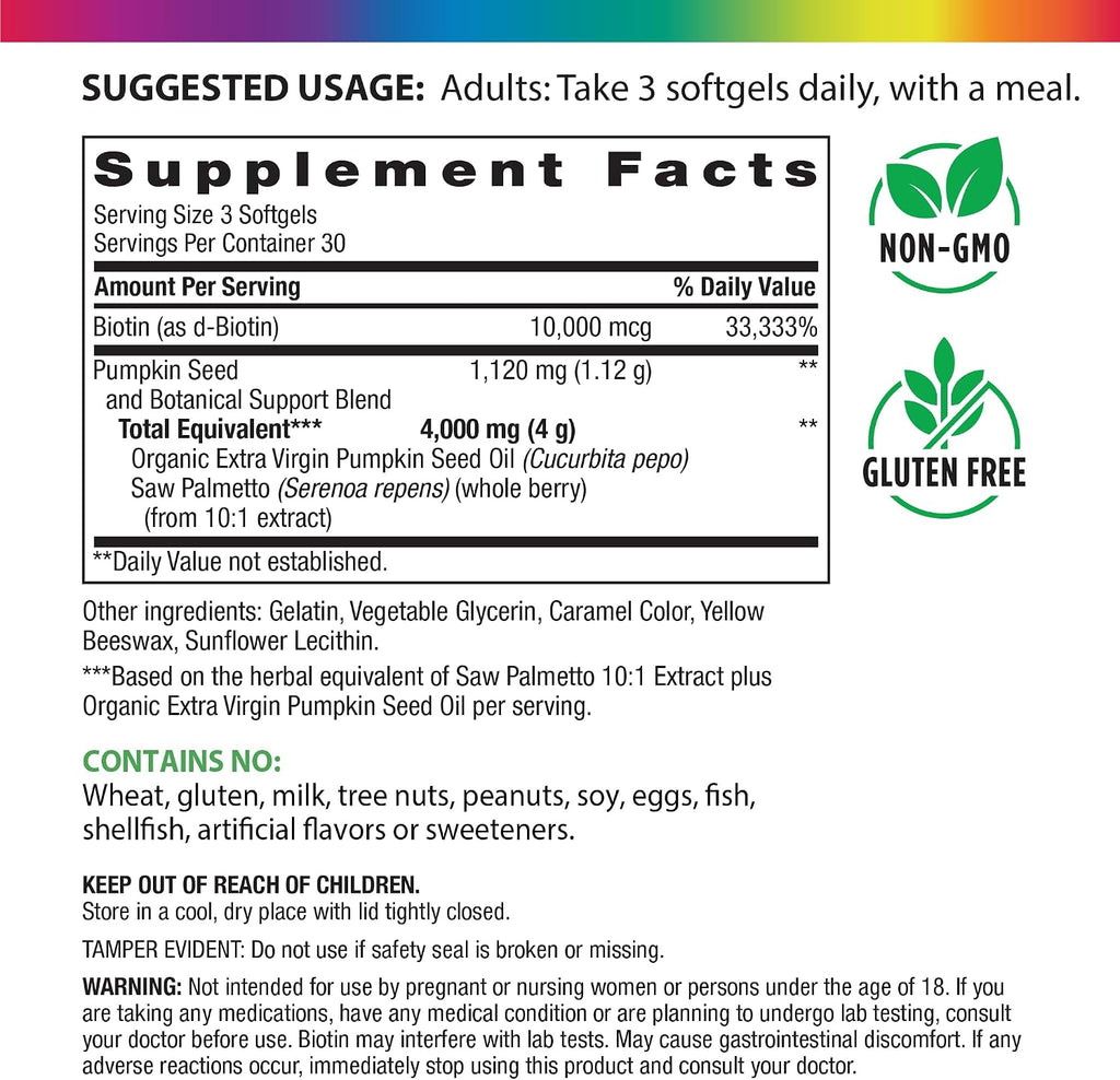 Rainbow Light Pumpkin Seed Oil with Saw Palmetto | 90 Softgels | Plus Biotin | Supports Hair & Skin Health | Cold Pressed, Virgin Herbal Supplement