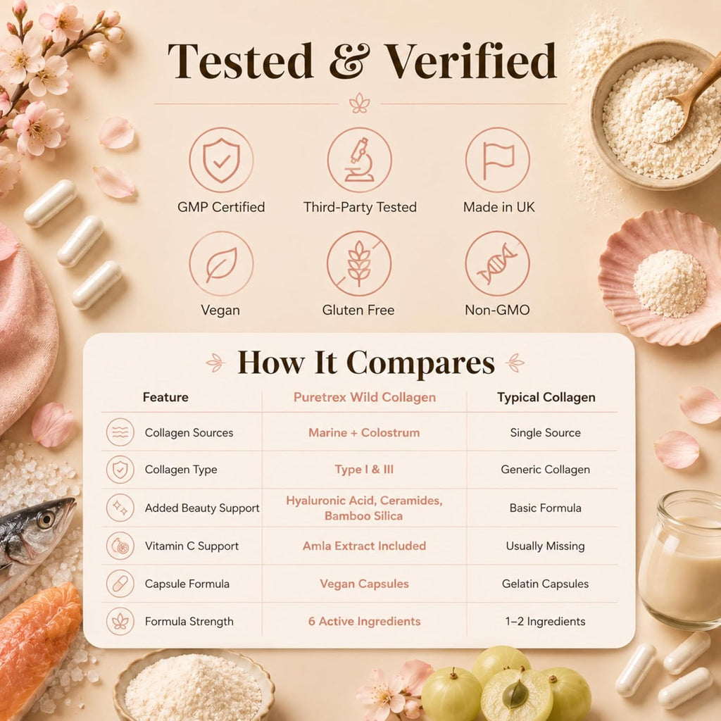 Marine Collagen Peptides Capsules, 120 Capsules with Bovine Colostrum, Hydrolyzed Type I & III Wild-Caught Formula, Hyaluronic Acid, Amla Vitamin C, Silica, Ceramides, BioPerine