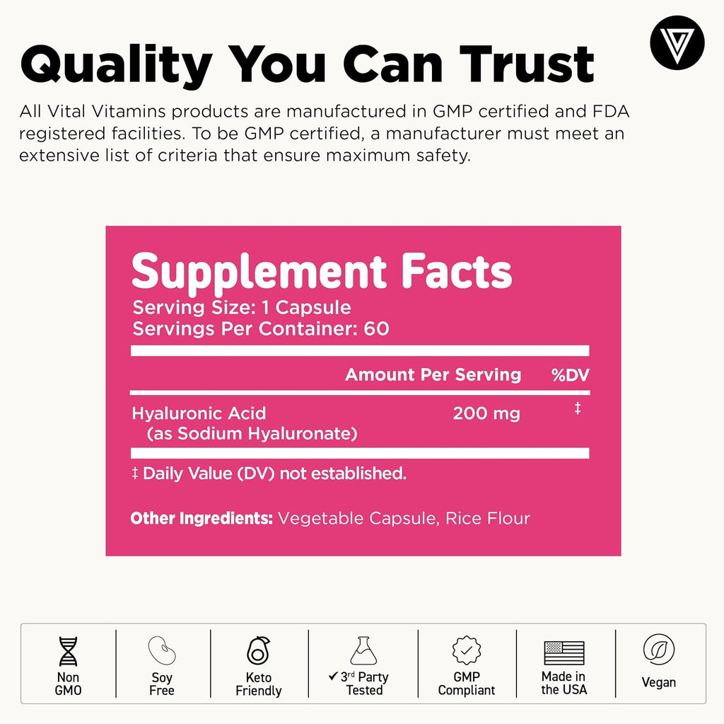 Vital Vitamins Hyaluronic Acid Supplements, 60 Capsules | 200mg Low Molecular Weight HA, Supports Skin Hydration, Elasticity & Joint Comfort, Vegan & Non-GMO