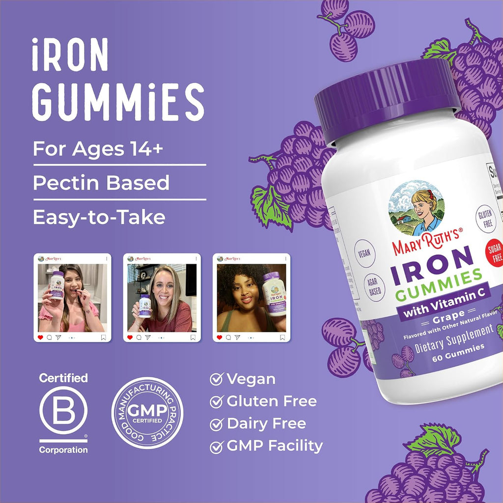 MaryRuth's Iron Gummies for 14+ with Vitamin C for Absorption | Sugar Free | Gummy Iron Supplement + VIT C | Energy Metabolism | Cellular Health | Immune Support | Vegan | Non-GMO | 60 Count