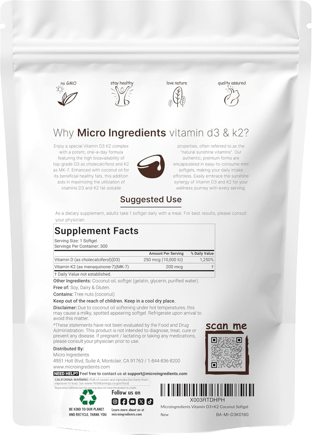 Micro Ingredients Vitamin D3 K2 MK-7 10,000 IU Per Serving, 300 Softgels | Made with Virgin Coconut Oil, K2 200 mcg Per Serving. D3 & K2 Vitamin Supplement. Easy-to-Swallow. Non-GMO, Gluten Free.