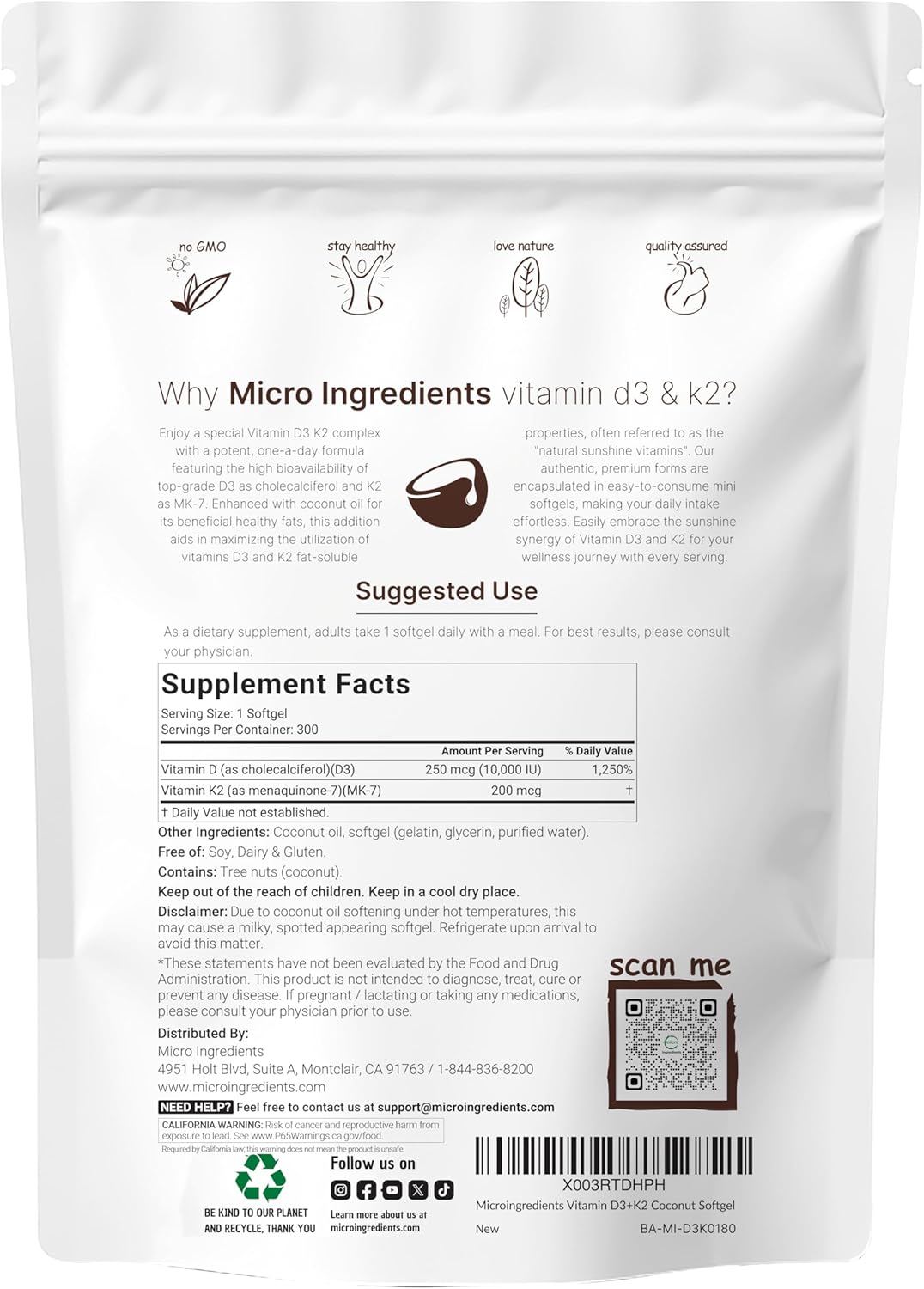 Micro Ingredients Vitamin D3 K2 MK-7 10,000 IU Per Serving, 300 Softgels | Made with Virgin Coconut Oil, K2 200 mcg Per Serving. D3 & K2 Vitamin Supplement. Easy-to-Swallow. Non-GMO, Gluten Free.