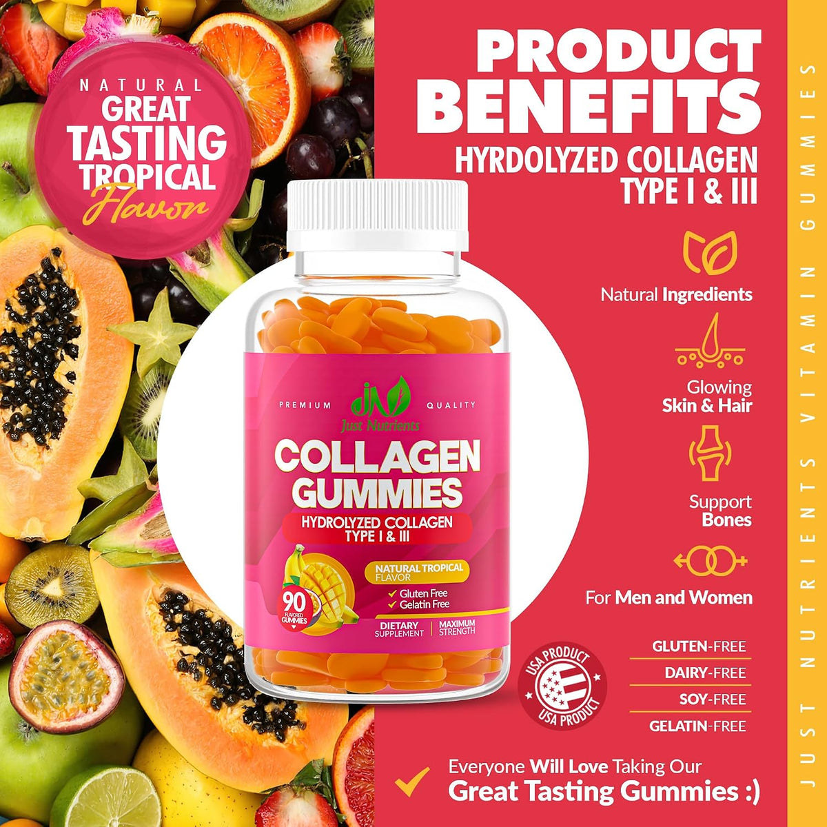 Just Nutrients Collagen Gummies for Women & Men (90 Count) | Premium Hydrolyzed Collagen Type I & III for Hair, Skin & Nails Support - Great Tasting Tropical Flavor, Gluten-Free