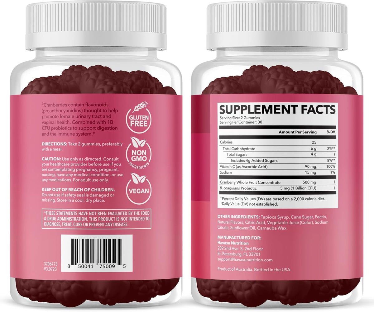 Cranberry Probiotic Gummies, Cran-Raspberry, 60ct, Bladder Support | Probiotic Cranberry Gummies for Women, Urinary Tract Health & pH Balance, 1 Billion CFU of Lactobacillus, Vaginal Wellness