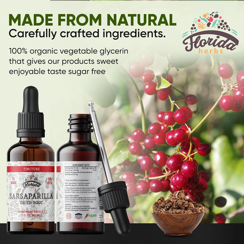 Sarsaparilla Tincture, Organic Sarsaparilla Extract (Smilax Medica) Dried Root, Non-GMO in Cold-Pressed Organic Vegetable Glycerin 2 oz, 670 mg