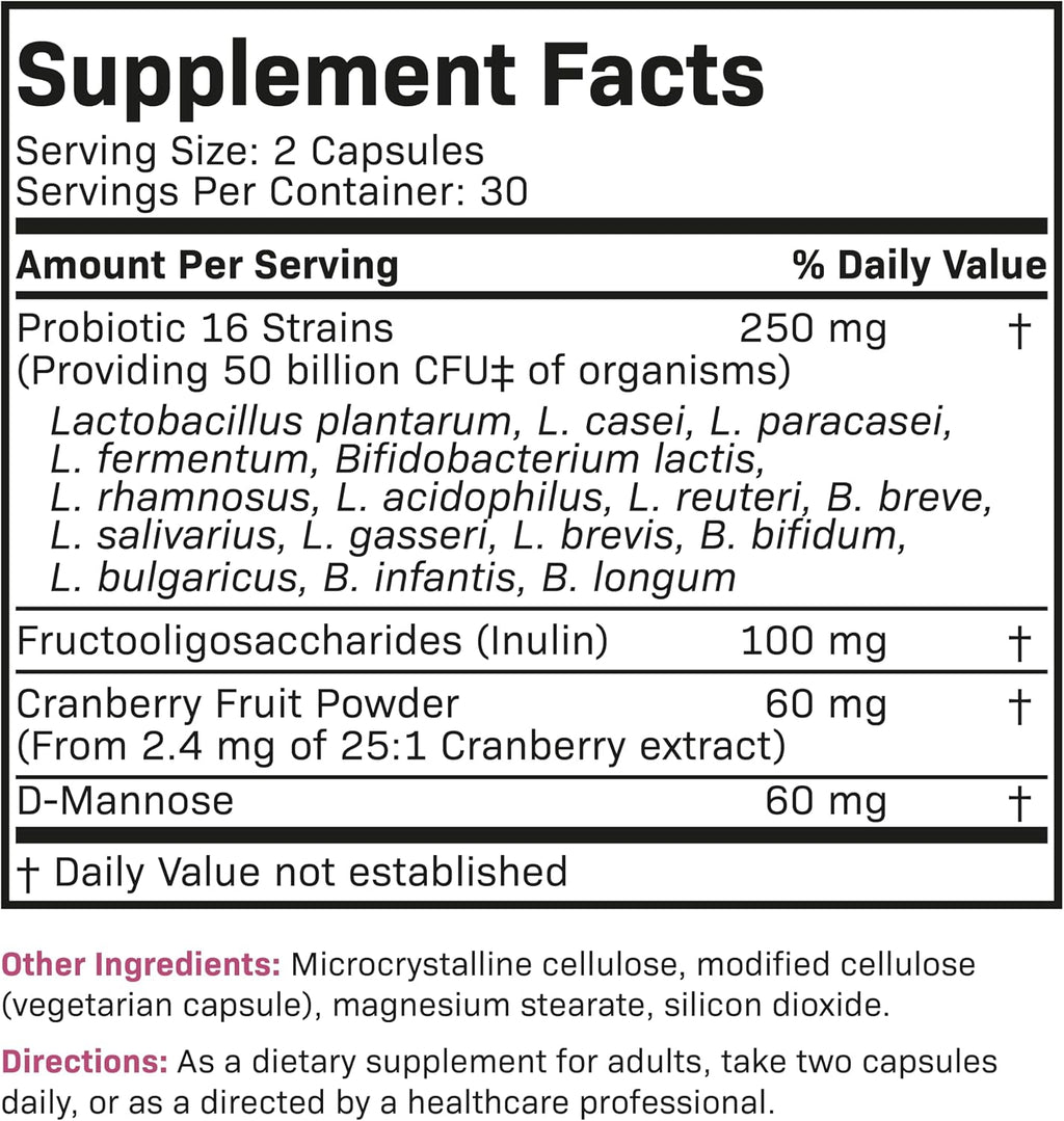 Futurebiotics Women's Probiotic 50 Billion CFU + Prebiotic with Cranberry & D-Mannose – Digestion Immune and Urinary Tract Support, Non-GMO, 60 Vegetarian Capsules