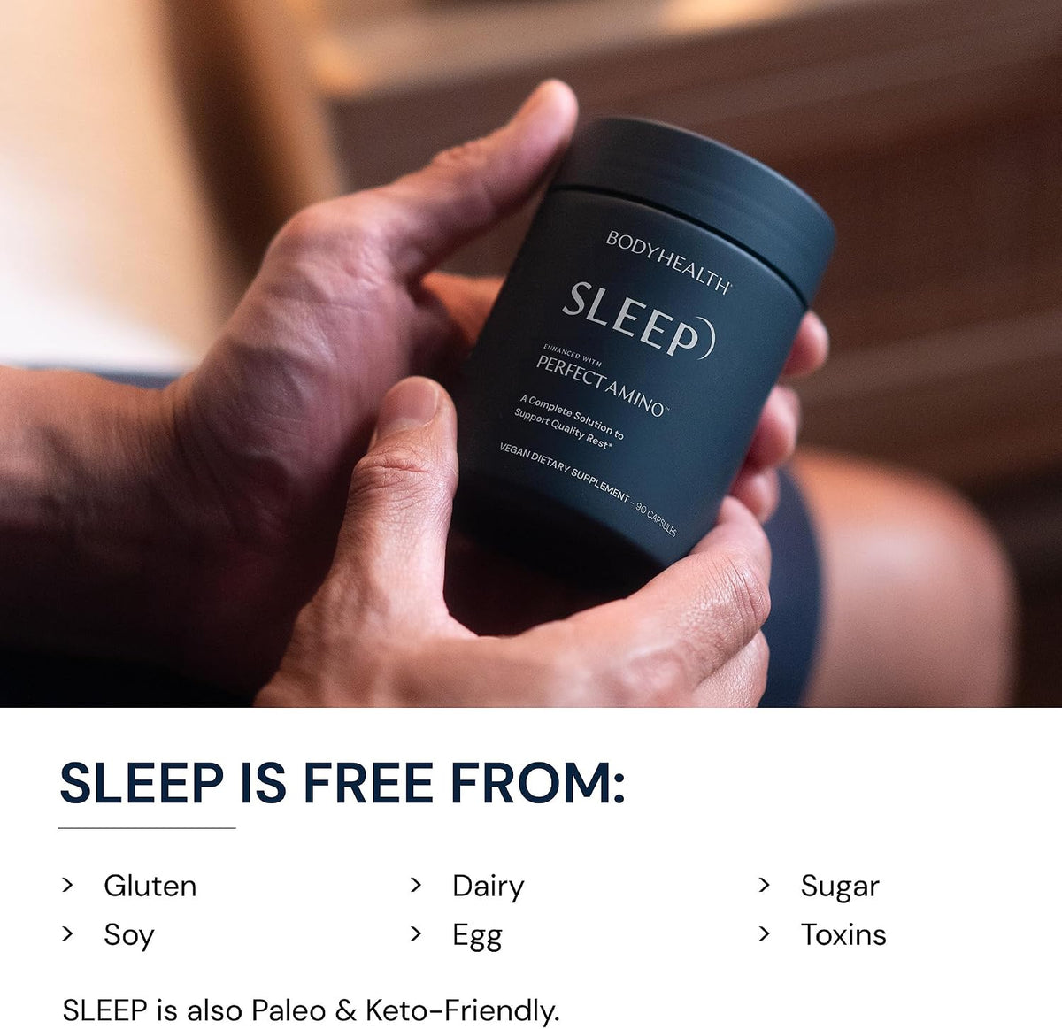 BodyHealth Sleep, Sleep Aid and Supplement for Adults with 3 mg Melatonin, Non-Habit Forming Pills Enhanced with PerfectAmino - 90 Capsules