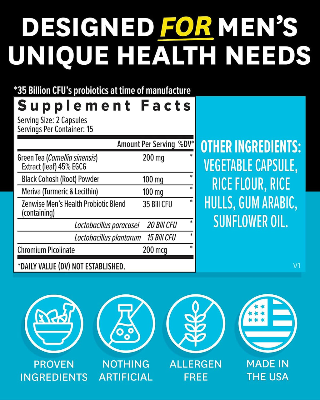 Zenwise Health Probiotics for Men - Gut and Digestive Support - 30 CT | 30 Count, 35 Billion CFU, Prebiotic, Green Tea, Meriva Curcumin, Chromium, Metabolism & Antioxidant Support, Mens Daily