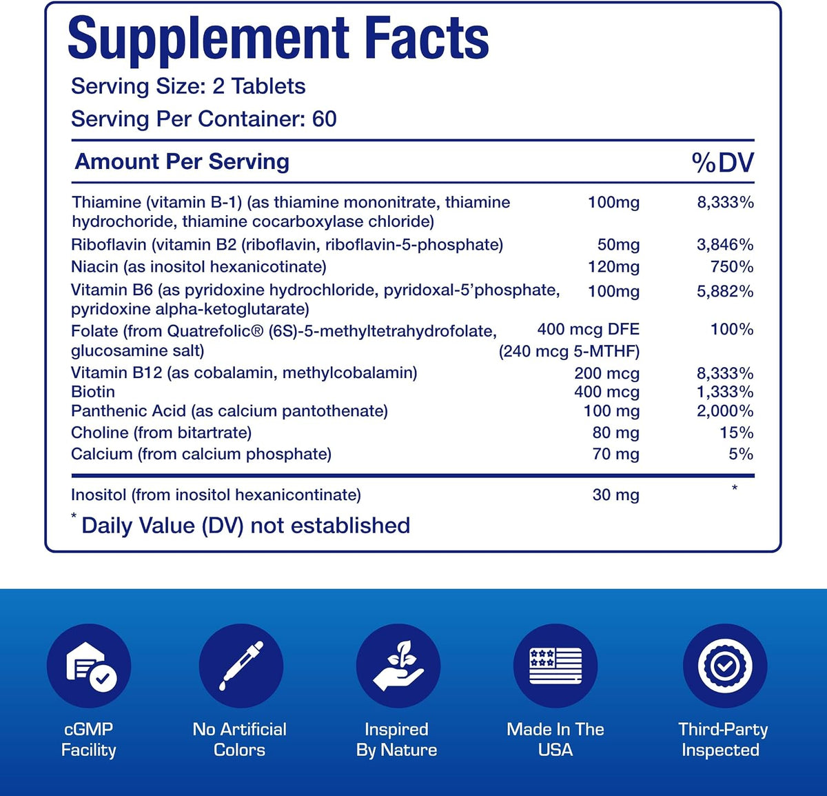 Super B Complex Methylated & Time Released - Bio Active B Complex Vitamin Supplement with Choline Inositol & 8 B Vitamins for Nervous System and Energy Metabolism Support - 2 Month Supply