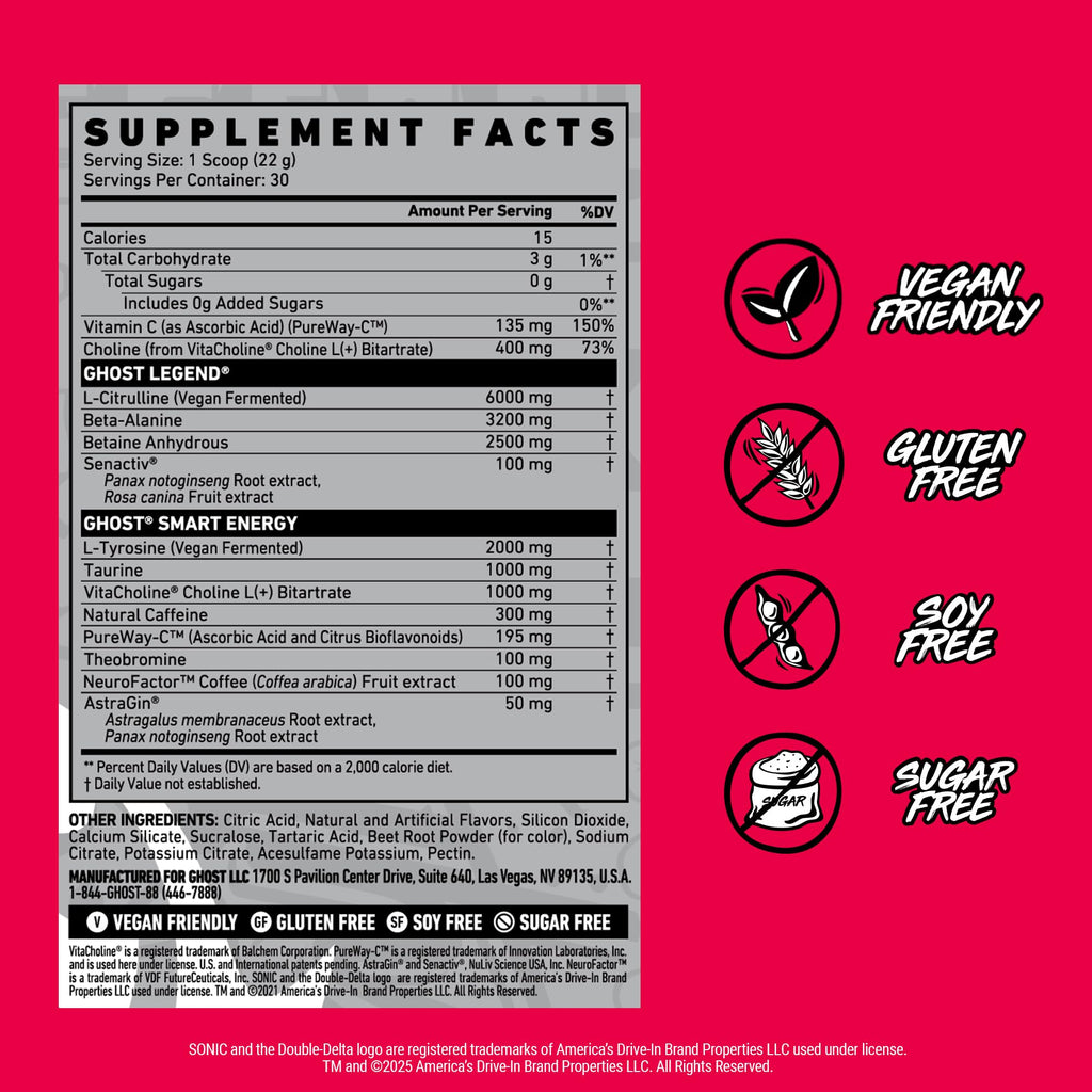 GHOST Legend Pre Workout Powder, Sonic Cherry Limeade - 30 Servings – Pre-Workout for Men & Women with Choline, L-Citrulline, & Beta Alanine for Energy & Focus