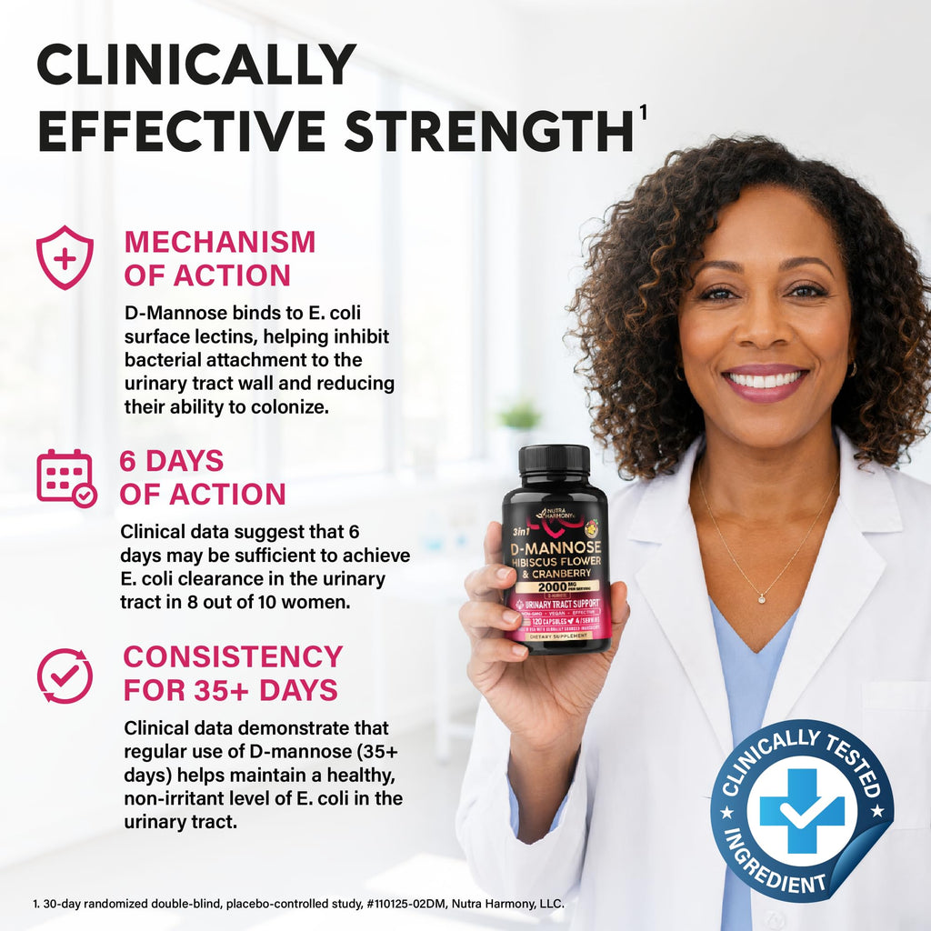 D-Mannose 2000mg with Cranberry & Hibiscus - Clinically Tested Strength for Urinary Tract Health - Supplement for Women - Bladder, Liver & Microflora Support - Lab Tested - Vegan, 120 Capsules