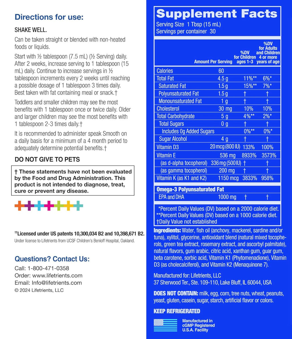 Lifetrients Speak+D Smooth — Kids Omega-3 Smoothie with Vitamin D3 — Pediatric Specialist Developed — Sugar-Free, Xylitol Sweetened — Orange Vanilla — 15.2 oz