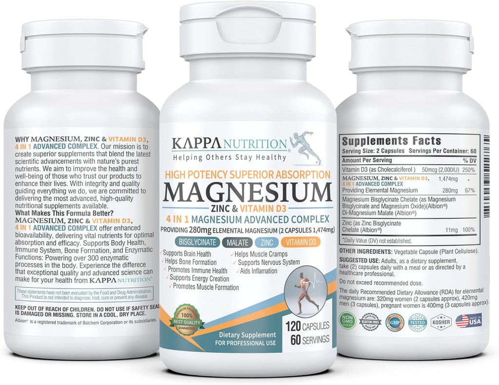 Kappa Nutrition Magnesium 4-in-1, 280mg Elemental Magnesium (Bisglycinate, Malate) + Zinc & Vitamin D3, Brain, Sleep, Energy, Muscle, Immune Support, 120 Vegan Capsules.