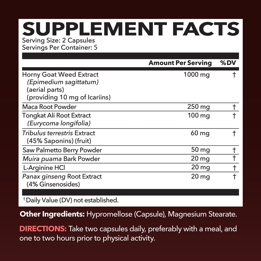 Horny Goat Weed with Maca, Tongkat Ali and Saw Palmetto, 30 Servings | Vegan, Non-GMO, Gluten free Horny Goat Weed Capsules for Men & Women, Extra Strength Performance, 60 Count, 1 Month Supply