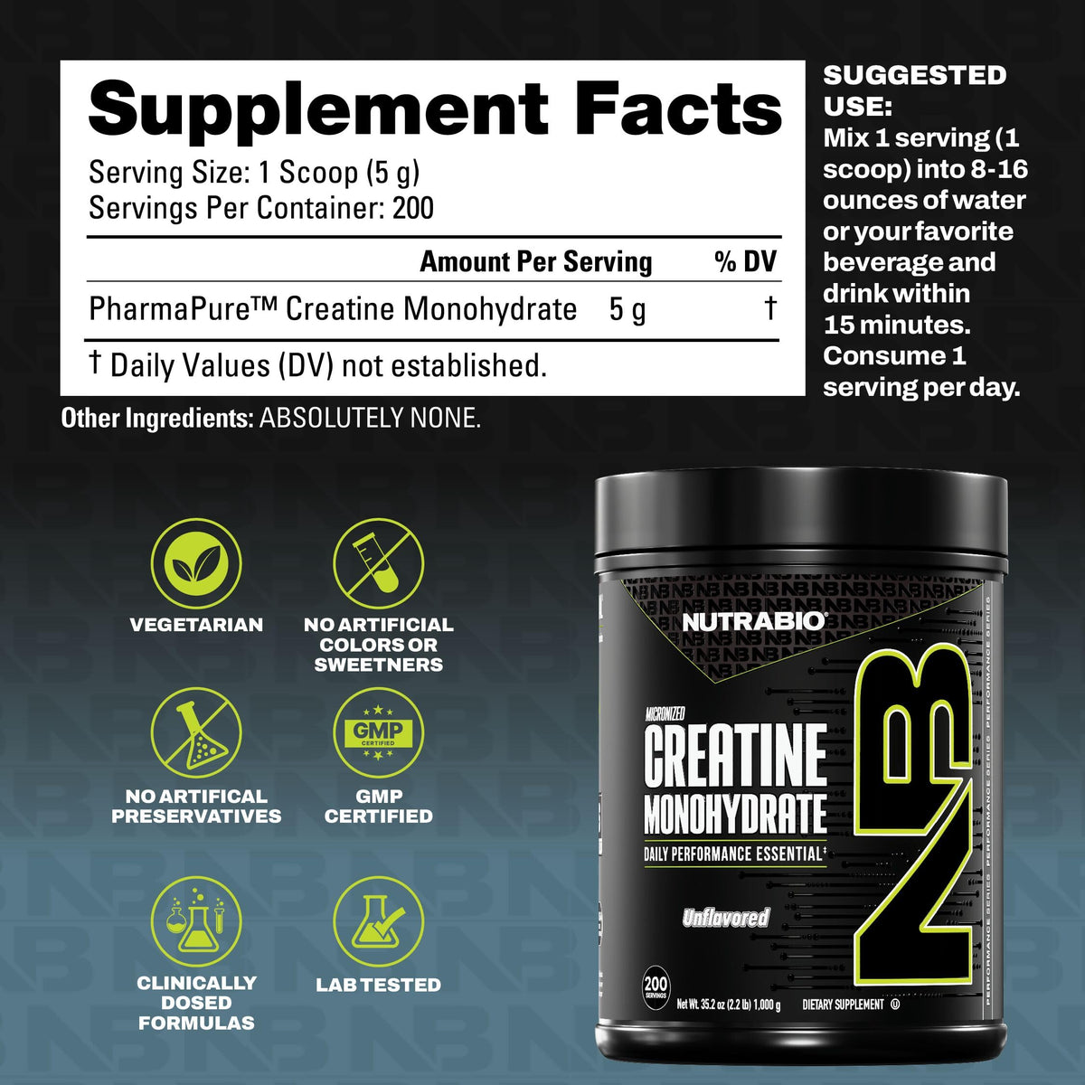 NutraBio Pure Micronized Creatine Monohydrate Powder Supplement, Unflavored, (300 g) - Supports Bulk Muscle Energy, Recovery, and Strength - HPLC Tested Creatine Powder Supplement for Men and Women