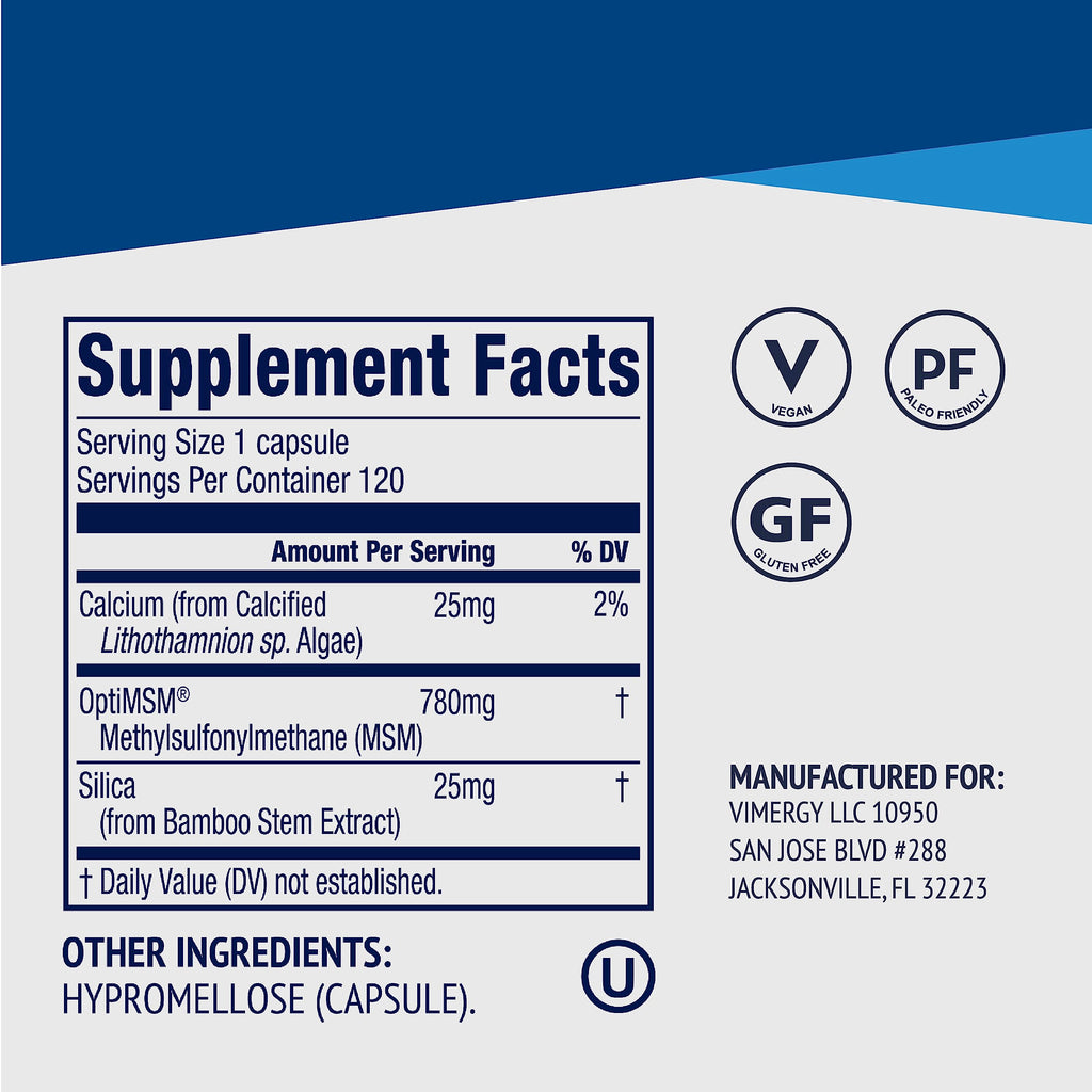 Vimergy MSM with Silica + Calcium Capsules, 120 Servings – Supports Bone Health – Promotes Hair & Nail Health – Non-GMO, Gluten-Free, Kosher, Soy-Free, Corn-Free, Vegan & Paleo Friendly