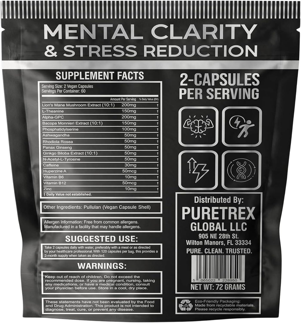 Neuro Boost Nootropic Capsules - Lions Mane, Bacopa, Alpha GPC, L-Theanine, Ashwagandha, Ginkgo Biloba Supplement for Mental Clarity, Focus, 120 Vegan Caps, Made in UK