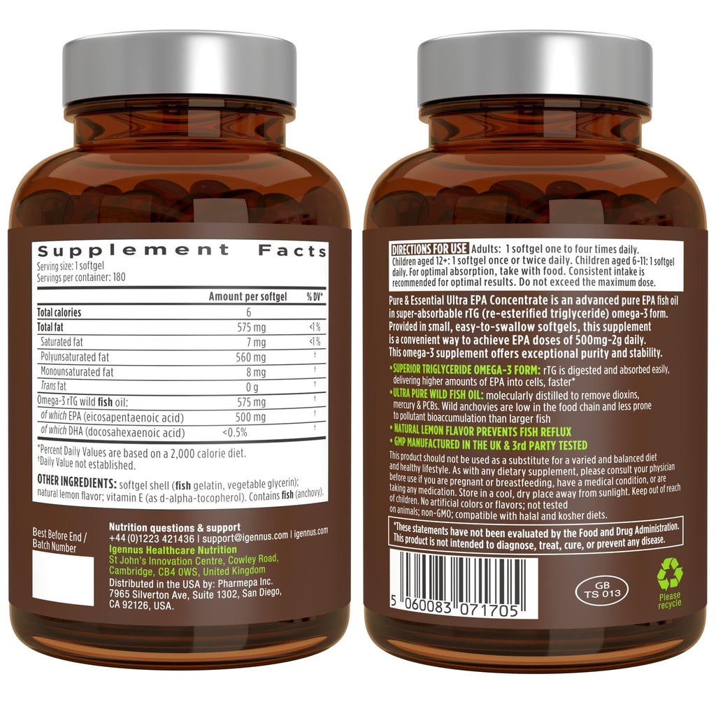 Igennus Ultra Pure EPA Omega-3 500mg, DHA-Free, High EPA rTG, IFOS Certified Fish Oil, Concentrated Triglyceride Form, Non-GMO, 90 Small Softgels