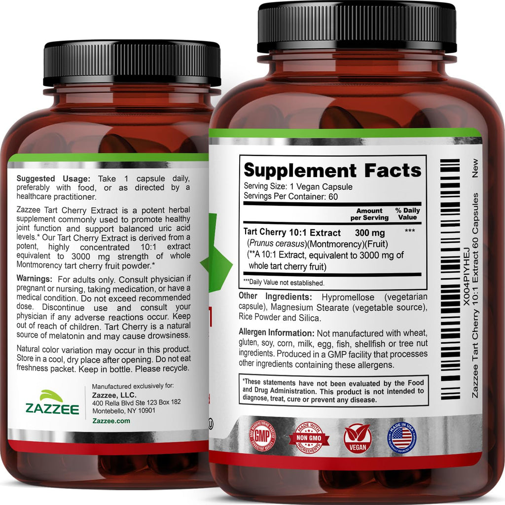 Zazzee Tart Cherry 10:1 Extract, 200 Vegan Capsules, 6+ Month Supply, Montmorency Cherry, Certified Kosher, Joint & Uric Acid Support, Antioxidant Support Formula, Non-GMO, Made in the USA