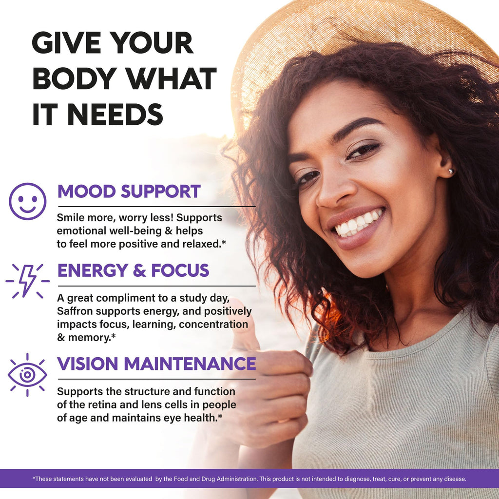 Natural Saffron Supplements - Pure Saffron Extract 88.5 mg - Mood | Focus | Vision | Energy Support - Eye Health for Women & Men - Lab Tested - NonGMO Vegan Pills - 90 Powder Capsules, 3 Month Supply