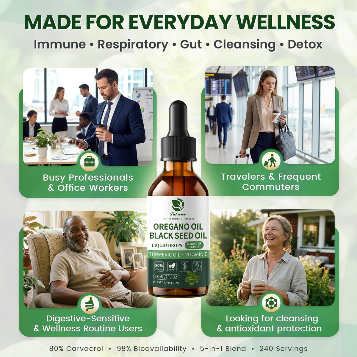 Oil of Oregano Drops with Black Seed Oil, 80% Carvacrol, 8 Month Supply | Immune, Digestive, Detox & Natural Cleanse for Humans*, Undiluted Oregano Oil with Turmeric Oil, Vitamin E & Olive Oil Based