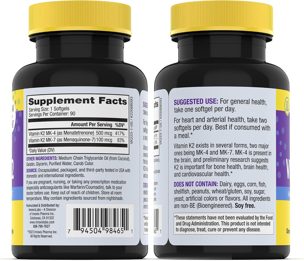 InnovixLabs Vitamin K2 & Probiotic Bundle Full Spectrum Vitamin K2 (90 Softgel Capsules) Multi-Strain Probiotic (60 Time-Release Capsules). Supports Bones, Immune and Healthy Gut. *