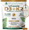 Vitamin D3 K2 10000 IU with 500mcg MK7 (MK-7) - Advanced Formula Vegan Softgels, Lichen Sourced D3, Omega 3 DHA EPA, Magnesium Glycinate, Astaxanthin, Black Seed, Coconut Oil, 180 Softgels