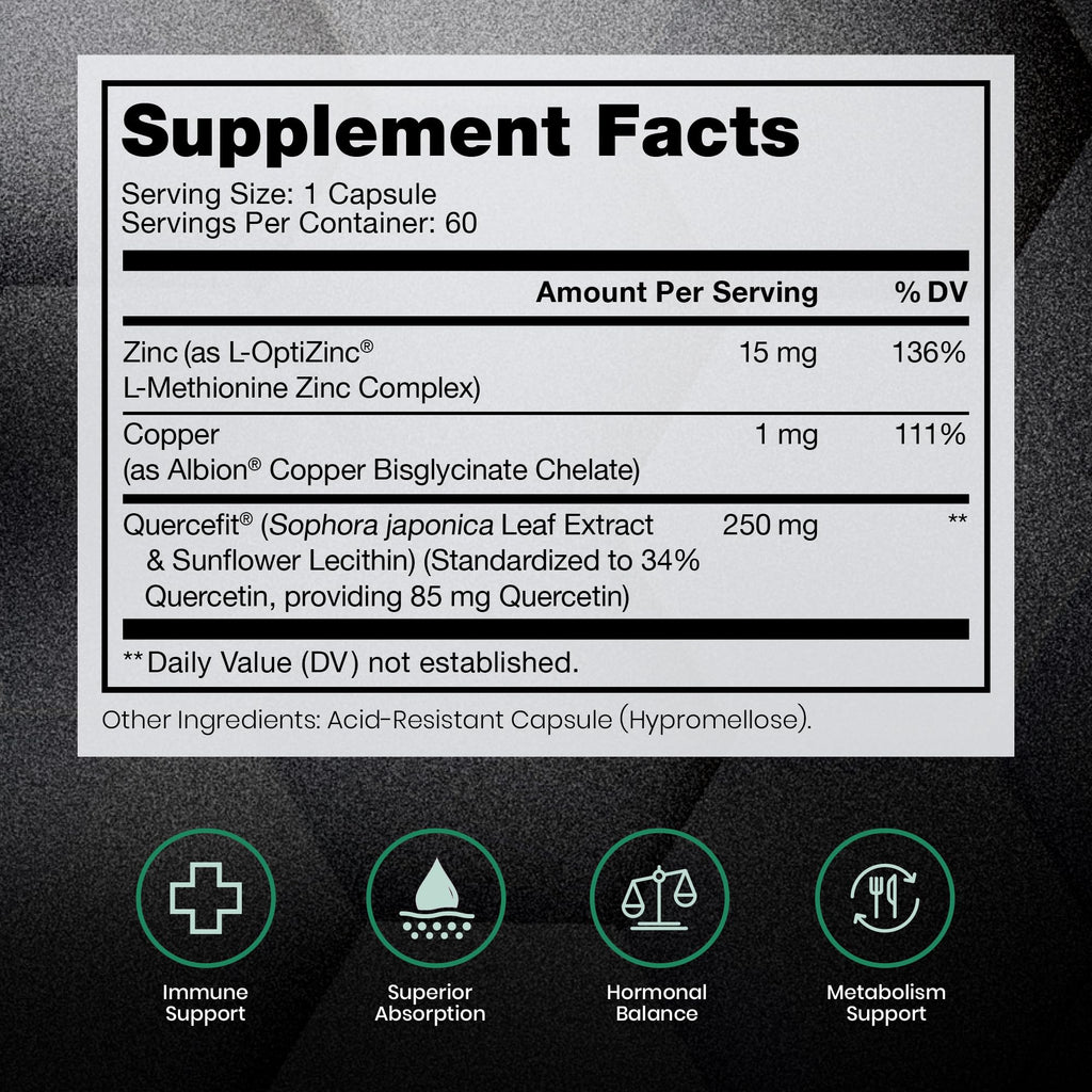 Zinc Defense | Zinc + Copper + Quercetin | 60 Servings in Vegan Capsules | L-OptiZinc & Quercefit Ionophore | Chelated Minerals | Immune, Gut, & Hormonal Balance Support