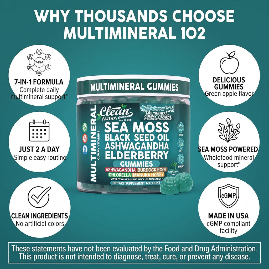 Sea Moss Gummies | Clinically Tested - Black Seed Oil Ashwagandha Elderberry Burdock Root Chlorella Manuka Honey - Vegan Irish Sea Moss Gummy Vitamins for Adults Kids Men Women - Green Apple Flavor