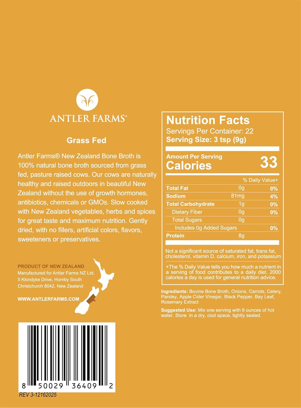 Antler Farms - 100% Grass Fed New Zealand Bone Broth Powder, 40 Servings, 200g - Slow Cooked, Gently Dried, Delicious Flavor, No Hormones, Antibiotics, & GMOs | 100% Pure Beef Bone Broth Powder for Humans, Slow Cooked, Gently Dried, Light Flavor, No Hormo