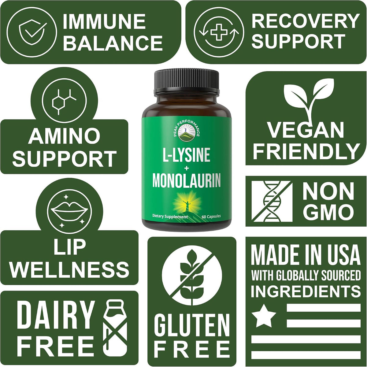 Peak Performance L Lysine 1000mg + Monolaurin 500mg High Potency Supplement for Lips, Skin, & Immune Support - L-Lysine 2-in-1 Bioavailable Supplements for Men and Women - 60 Capsules