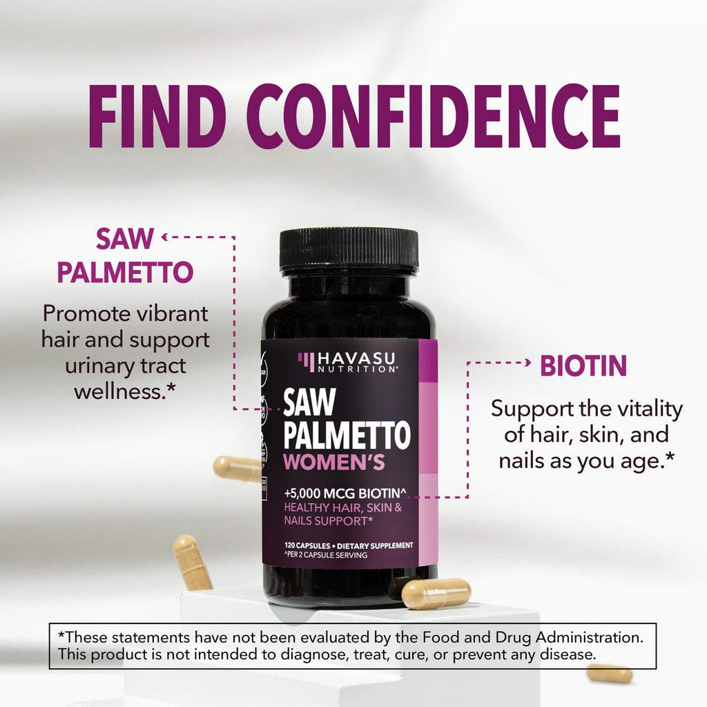 Saw Palmetto for Women with Bitoin 5000mcg Per Serving, 30-Day Supply | Vegan, Non-GMO DHT Blocker for Women for Hair, Skin and Nails, Saw Palmetto Extract with Biotin for Thicker Looking Hair
