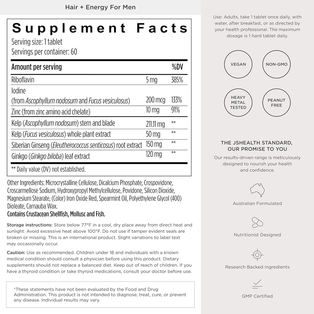 JSHealth Hair Growth Supplement for Men Nutritionist Formulated - 60 Count | Made with Kelp Iodine, Zinc, Siberian Ginseng, Ginkgo. Supports Hair, Healthy Hormone Levels, Energy, Stamina