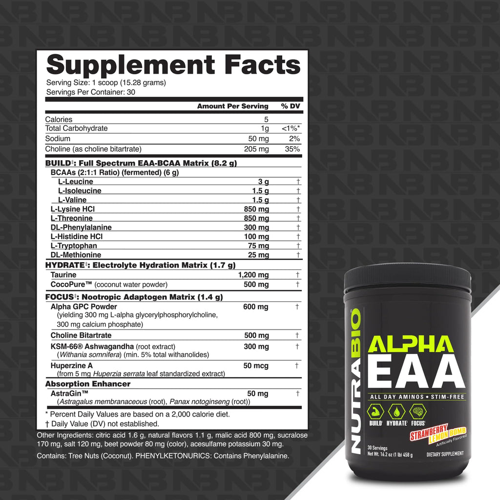NutraBio Alpha EAA - All-Day Amino Acids for Muscle Growth and Hydration - Essential Amino Acids with Nootropics & Adaptogens- Full Spectrum EAA BCAA Powder - 30 Servings - Strawberry Lemon