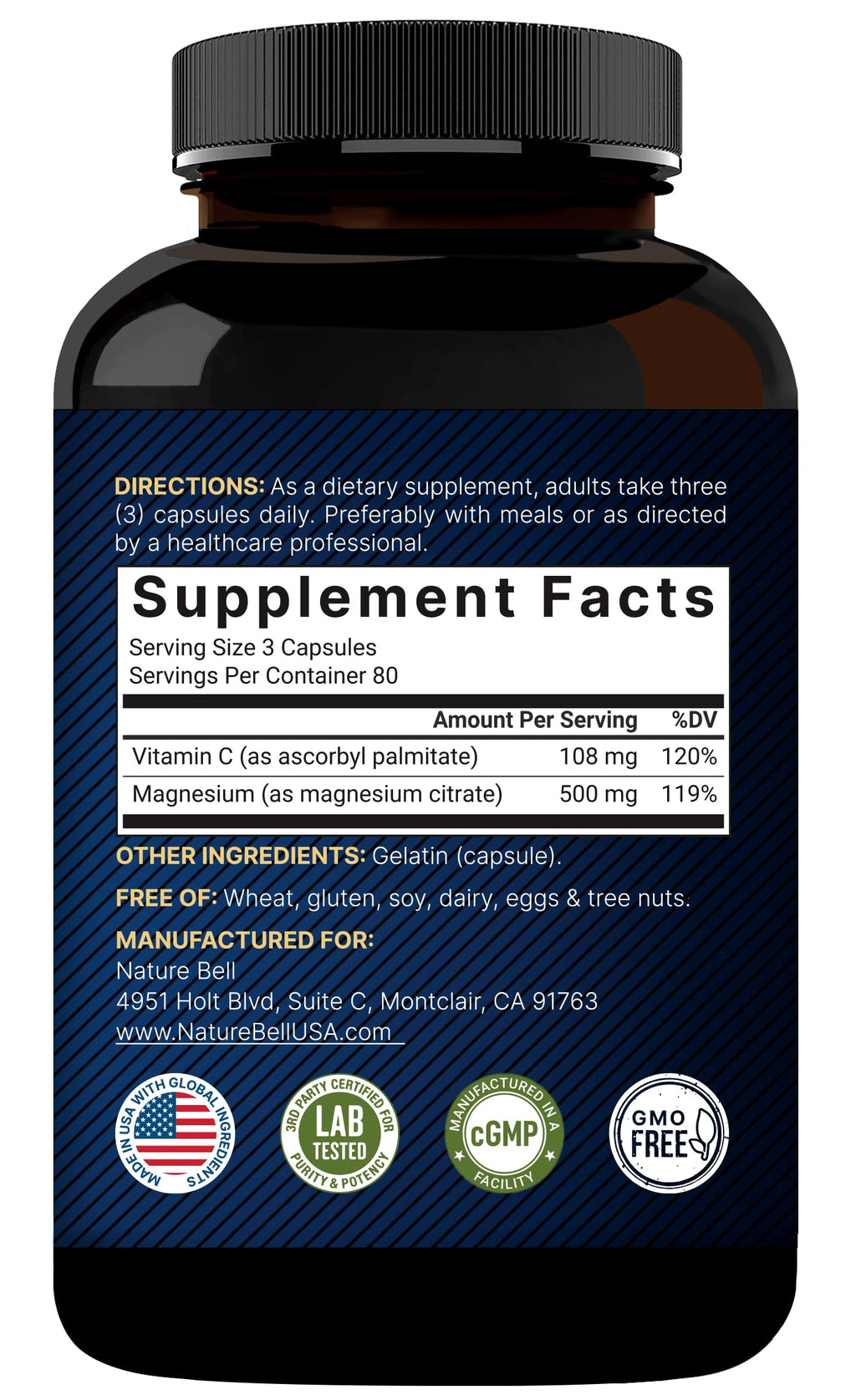 NatureBell Pure Magnesium Citrate 500mg per 3 Capsules Serving Size, 240 Capsules per Bottle | High-Purity Elemental Form | Non-GMO, Gluten-Free