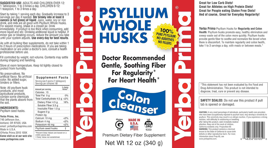 Yerba Prima Psyllium Whole Husk, 1 Bottle 12 oz - Fiber Supplement, Vegan, No Sugar or Artificial Sweeteners, Non GMO, Gluten Free