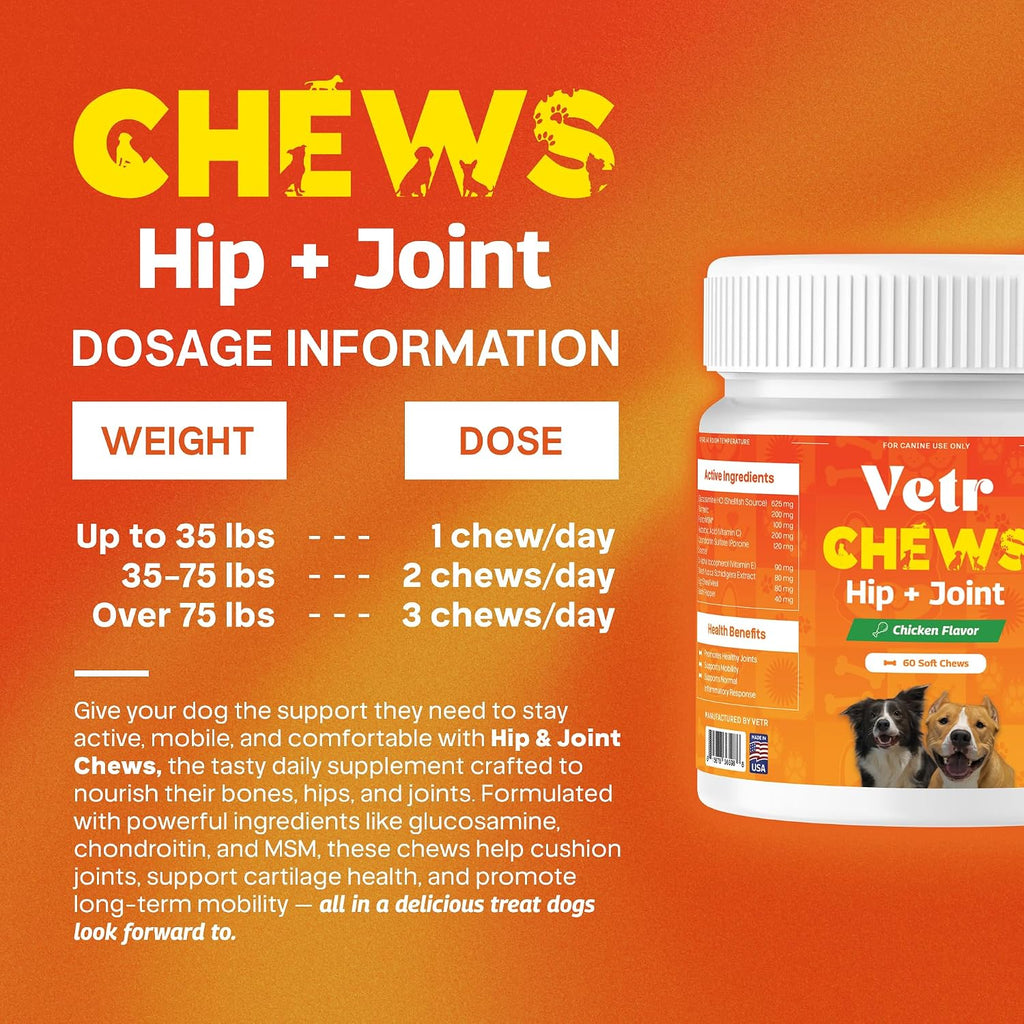 Vetr Hip and Joint Chicken Flavored Chews for Dogs - Glucosamine Chondroitin MSM Supplement - 60 Chewable Tablets - Vet-Formulated in USA