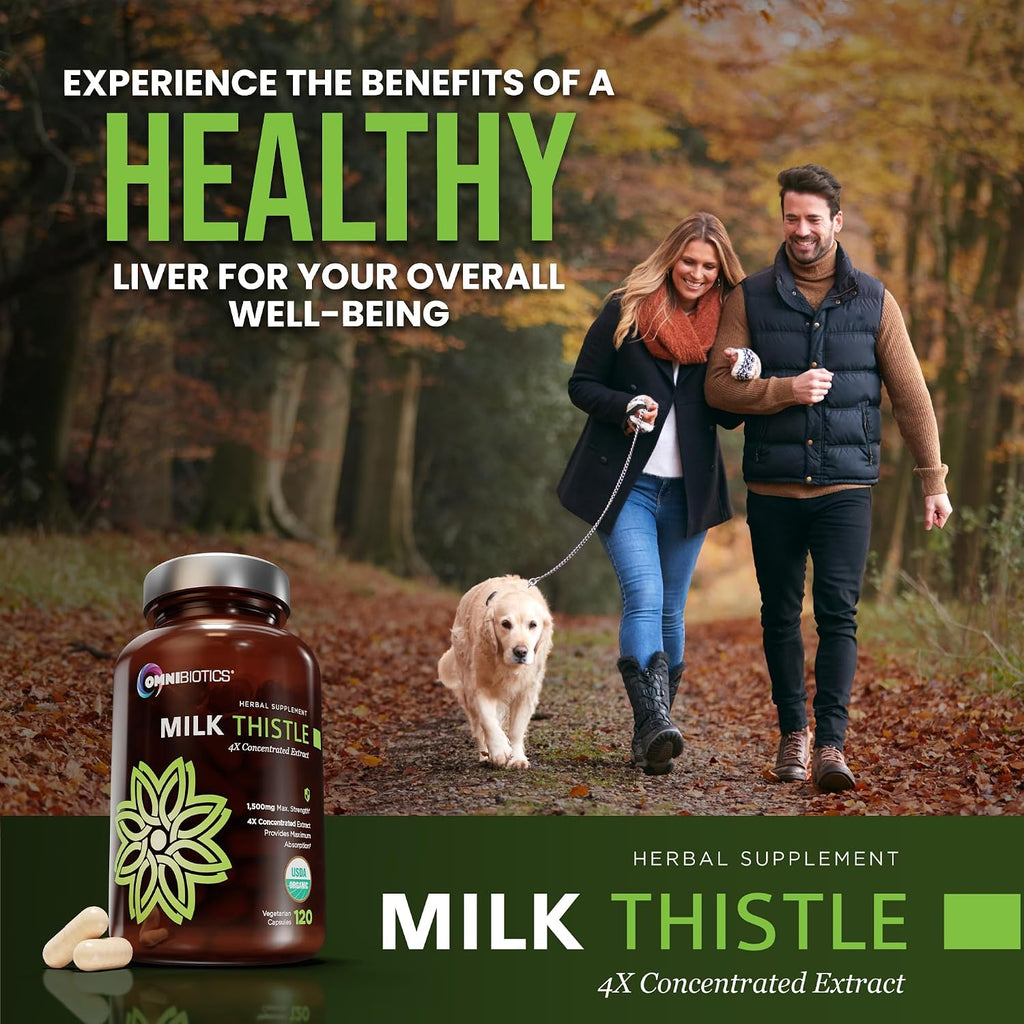 OmniBiotics Organic Milk Thistle Supplement 1500mg – 4X Concentrated Extract with Silymarin – High Potency Liver Detox & Support – 120 Vegan Capsules