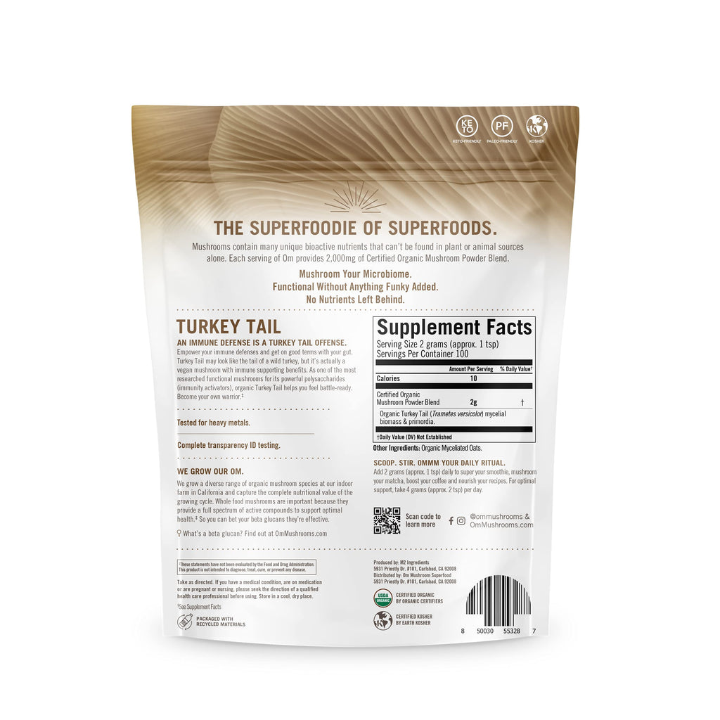 OM MUSHROOM SUPERFOOD Turkey Tail Organic Mushroom Powder Pouch, 7.05 Ounce, 100 Servings, Immune Support, Polysacchrides, Beta-Glucans, Gut Health & Holistic Defense Mushroom Supplement