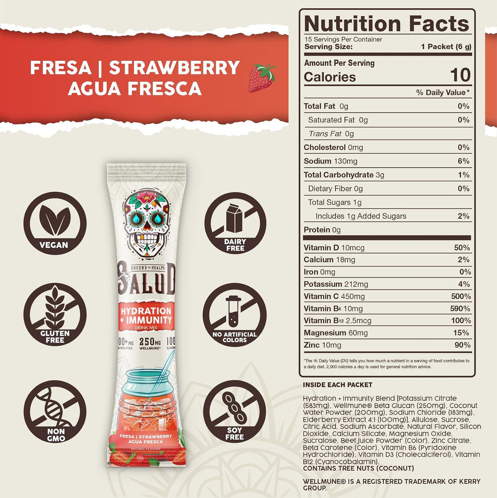 Salud 2-Pack | 2-in-1 Hydration + Immunity (Strawberry) & Energy + Focus (Pineapple Mango) – 15 Servings Each, Agua Fresca Drink Mix, Non-GMO, Gluten Free, Vegan, Low Calorie, 1g of Sugar