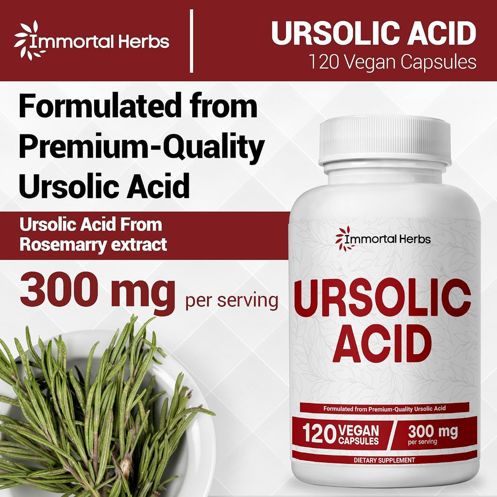Pure Ursolic Acid Supplement 300mg, 120 Pills, Rosemary Leaf Extract Powder, Non-GMO and Gluten-Free Ursolic Acid Capsules for Women and Men