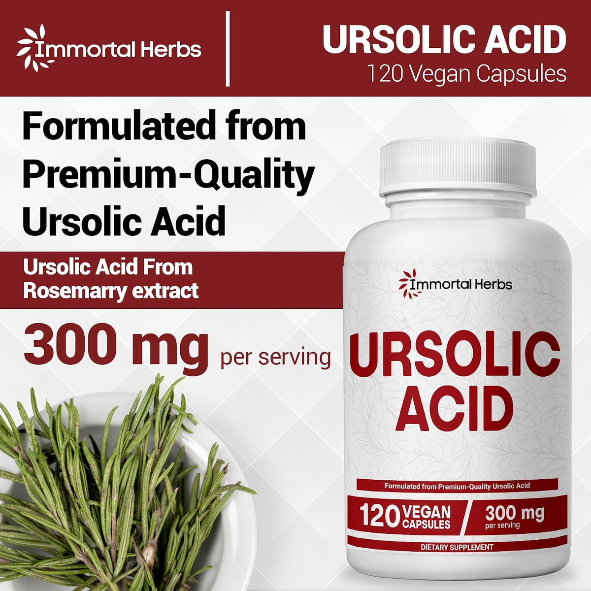 Pure Ursolic Acid Supplement 300mg, 120 Pills, Rosemary Leaf Extract Powder, Non-GMO and Gluten-Free Ursolic Acid Capsules for Women and Men
