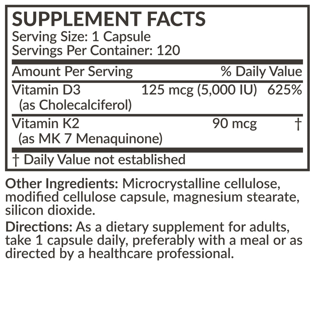 Futurebiotics Vitamin K2 (MK7) with D3 Supplement - Non-GMO Formula - 5000 IU Vitamin D3 & 90 mcg Vitamin K2 MK-7, 120 Vegetarian Capsules