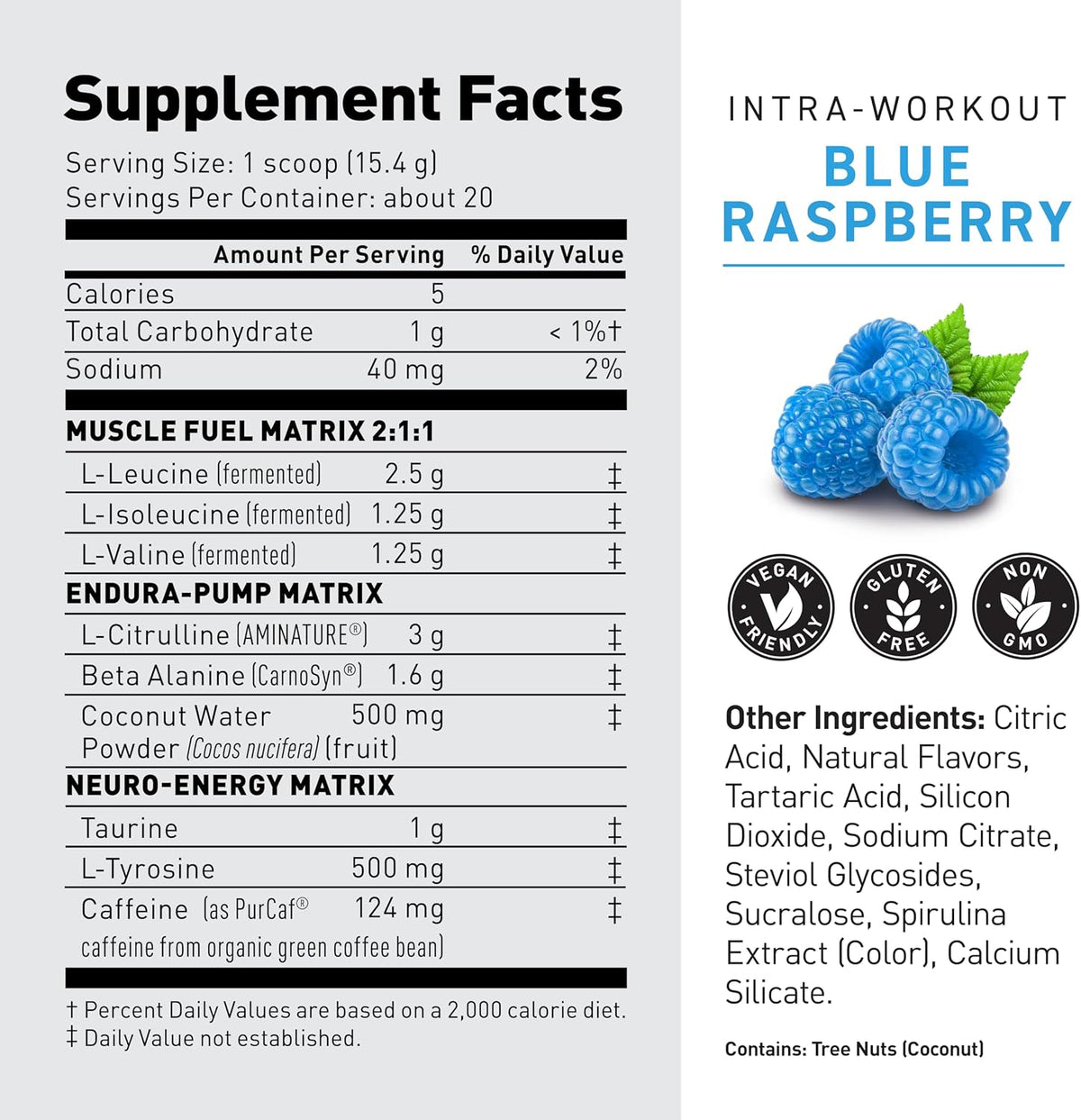 Kaged Intra-Workout Powder In-Kaged BCAAs, L-Citrulline & Beta-Alanine for Endurance 124mg Organic PurCaf Caffeine Coconut Water Powder 20 Servings Blue Raspberry