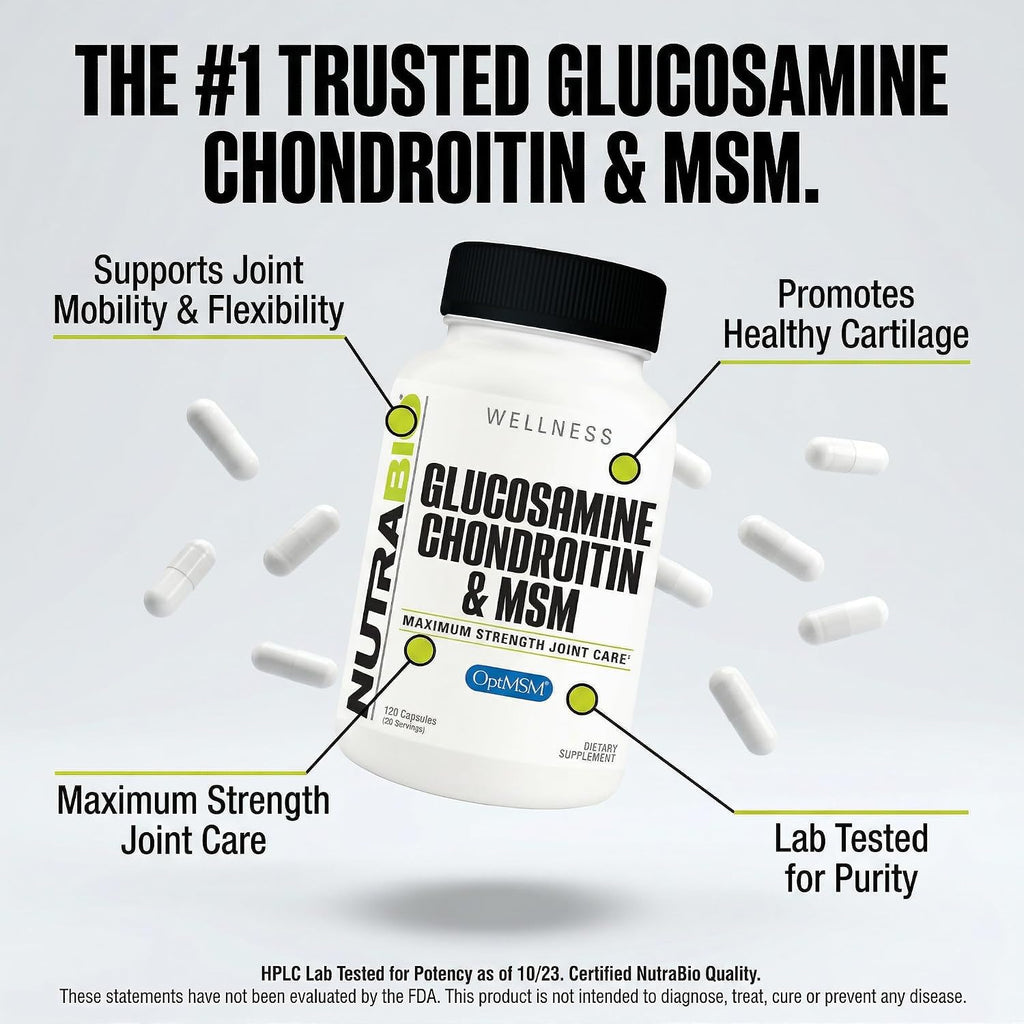 NutraBio Glucosamine Chondroitin & OptiMSM Supplement, Joint Support Formula - 120 Capsules (120 Count)